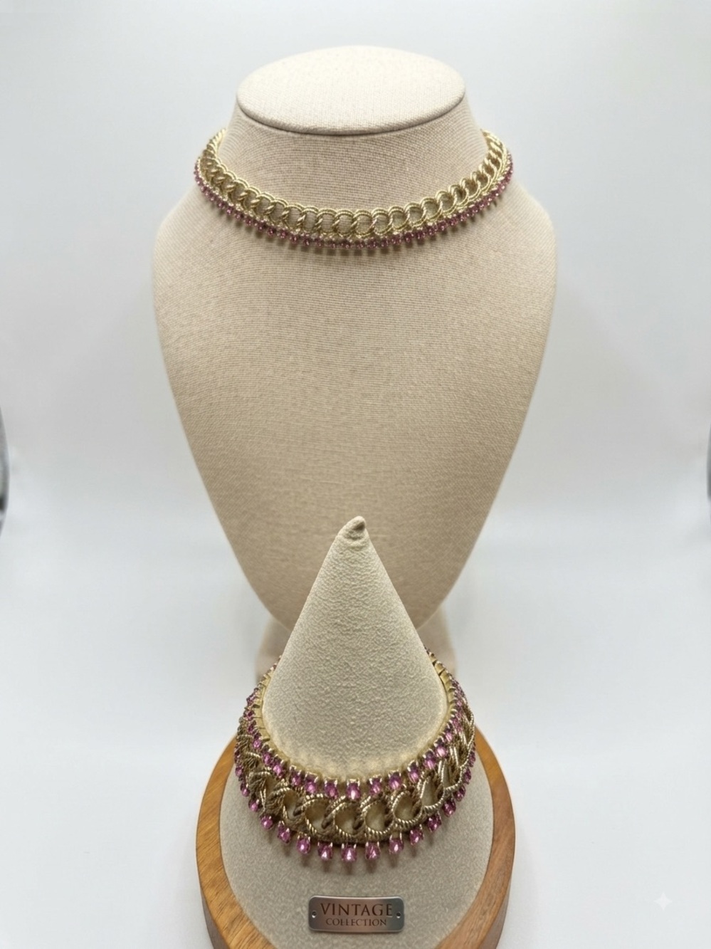 Vintage Gold-Tone Pink Rhinestone Choker & Bracelet Set
